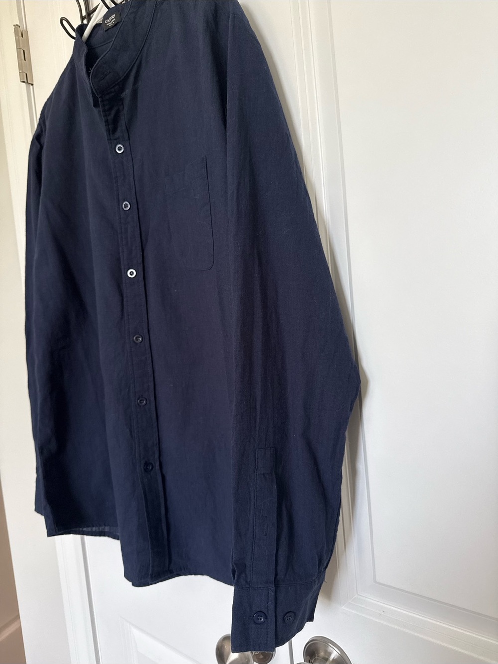 Men's Navy Grandad Collar Button-Up Shirt - Lightweight Casual - Picture 4 of 6